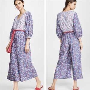 Apiece Apart Irine Floral Cotton Cropped Wide Leg Jumpsuit Size 0 Blue Pink